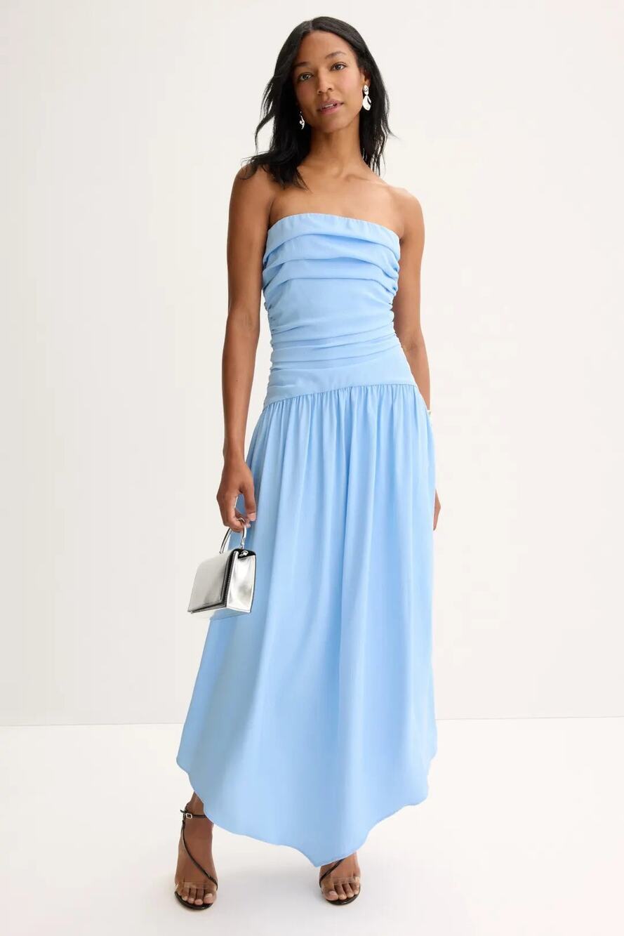 Jewel x Badgley Mischka Dress Strapless Drop Waist Pleated Maxi A-Line Blue 0